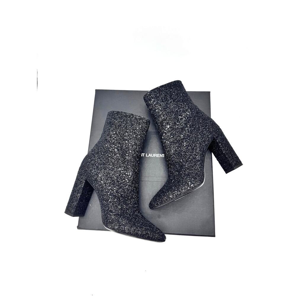 Saint Laurent Black Glitter Pointed Toe Ankle Boots Chunky Block Heel EU 38.5
